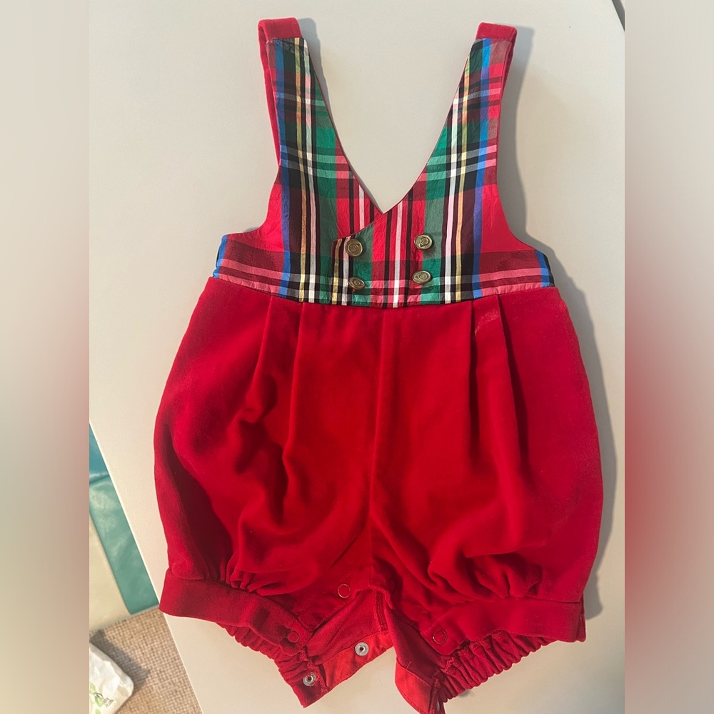 Vintage Christmas red and plaid overall onesie 6-9M